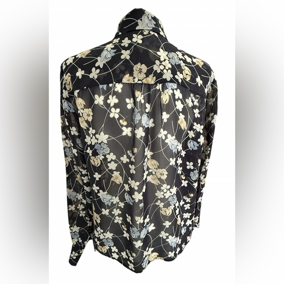 Ann Taylor LOFT 100% Silk Blouse Size 14 Navy Floral Semi Sheer Button Front Top - Picture 3 of 9